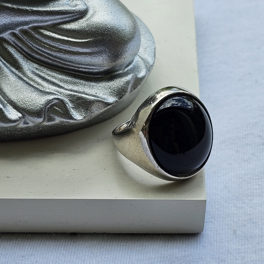 Elegant Milor Italy Sterling Silver Black Onyx Cabochon Men's Ring Sz 8